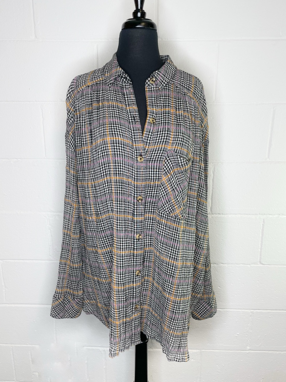 Free People Break My Stripe Plaid Button Down Shirt In Black - Picture 2 of 10